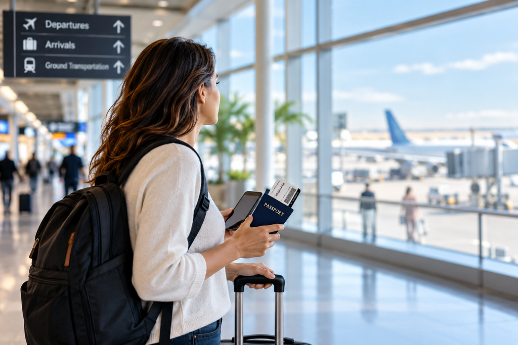Traveler with luggage and passport in an airport terminal
