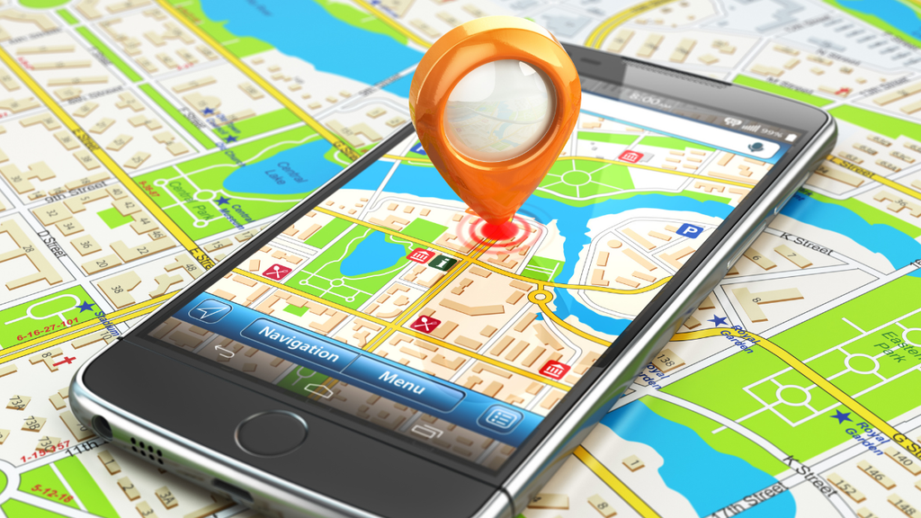 Smartphone displaying a navigation map and location marker